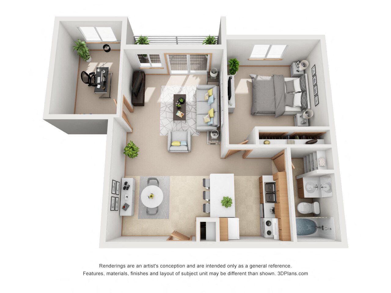 Floor plan for 1 bed, 1 bath, 835 sqft